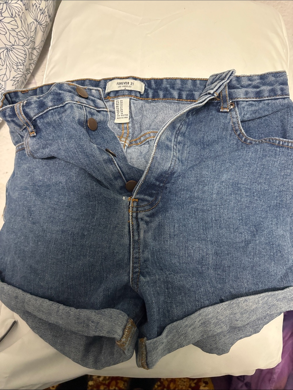 Forever 21 Light Blue High-Rise Rolled Hem Denim Shorts